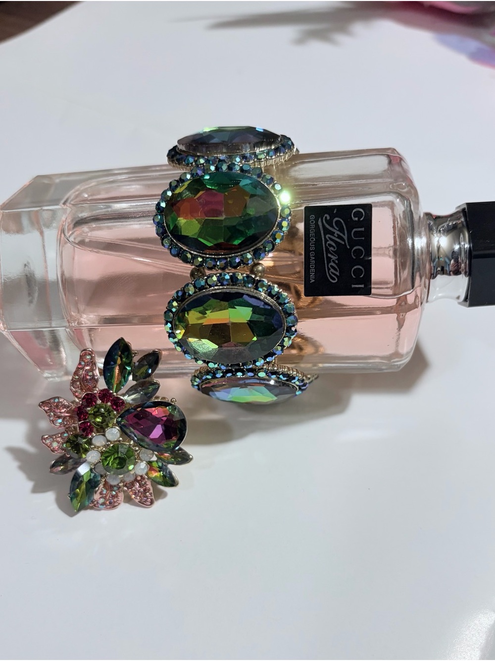 Multi-Color Crystal Stretch Bracelet and Stretch Floral Ring Set